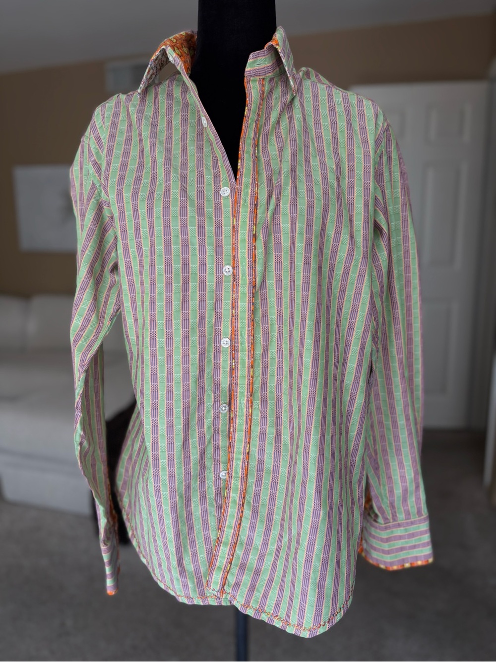 Robert Graham Men's Green and Pink Striped Button-Up Shirt